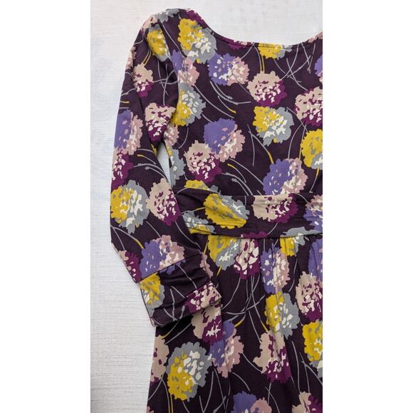 Boden Womens V Neck Floral Jersey Dress 2R 3/4‎ Sleeve Purple Fitted Knee Length - Picture 4 of 6